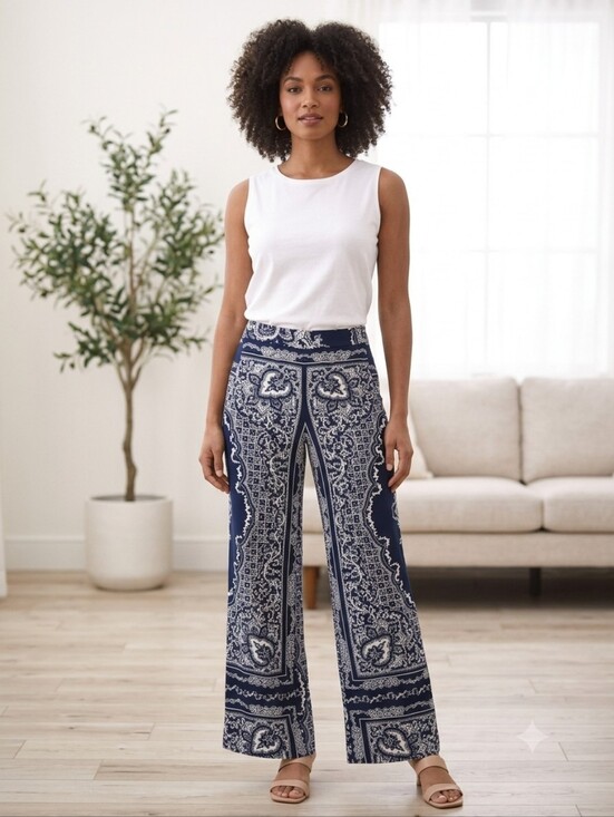 A. Byer Pants - A. Byer Wide-Leg Printed Palazzo Pants - Navy, Size Medium